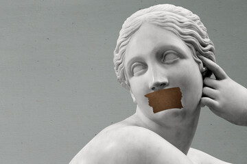 Ancient Greek marble sculpture taped lips aesthetic background - obrazy, fototapety, plakaty