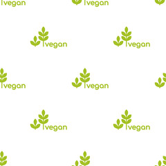 Seamless ornament with green vegan, veggie product label on white background.