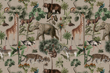 Fototapety  Jungle pattern background wild animals illustration