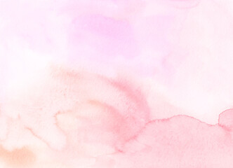 Watercolor pastel soft pink background painting. Watercolour light peach and fuchsia liquid backdrop. Stains on paper.