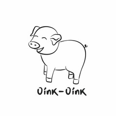 Vector linear drawing of a pig. Vector illustration. Template for postcards, packaging, print, web. Hand lettering with the inscription "Oink-Oink". Cute pig.