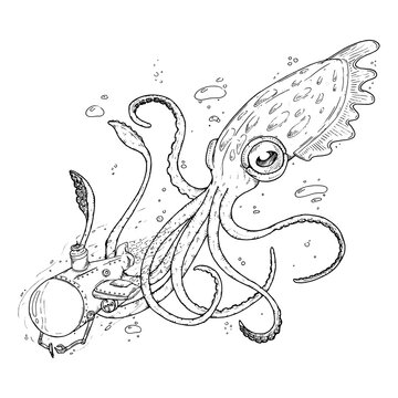 Squid attacks the submarine. Vector cartoon octopus and bathyscaphe.