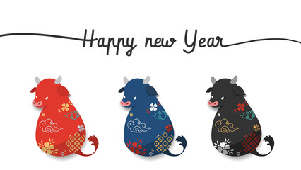 Happy chinese new year 2021, Year of the ox. Three chinese zodiac of ox symbols . Vector illustration, Cartoon doodle style.