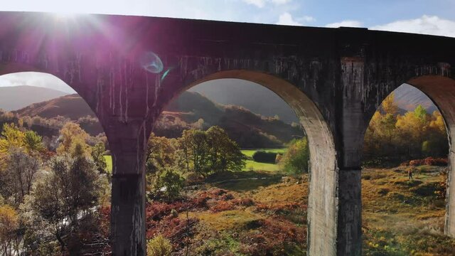 Aerial through shot of Glenfinnan Viaduct