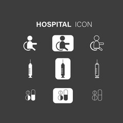 Hospital icon set. Collection of Drugs, The patient, Disabled person, Syringe, Medical and more. Vector white icons isolated on a black background.