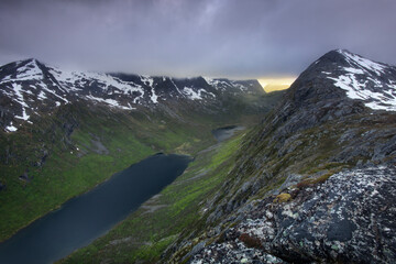 Lakes and glacial valley in the mountains from northern Norway (Kvaloya island)