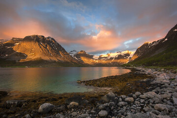 Midnight sun light in Grotfjord, northern Norway