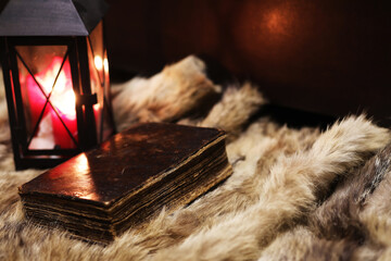 Retro old book and world desk globe on fur, learning and education concepts.