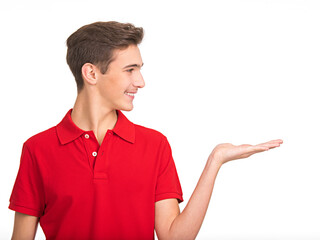 Portrait of happy young man holding something on palm, isolated over white background. Photo of...