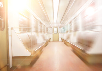 Background. Subway car with empty seats. Empty subway.