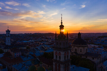  Aerial view on Dominican Church and Dormition Church in Lviv, Ukraine from drone