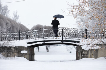 Fototapeta premium Winter walk with an umbrella.Man in a coat with an umbrella, walk against the backdrop of the winter landscape, winter view