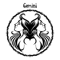Gemini zodiac sign design form illustration doodle drawing tattoo and  freehand typography style vector with white background 