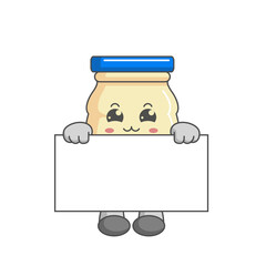 cute kawaii mayonnaise characters standing behind a board