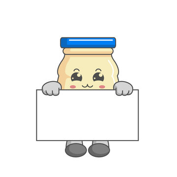 cute kawaii mayonnaise characters standing behind a board