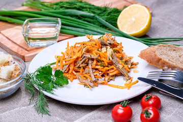 salad appetizer, on the table side view, with cutlery