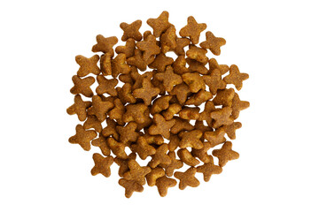 Dry food for dogs and cats pile top view isolated on white background
