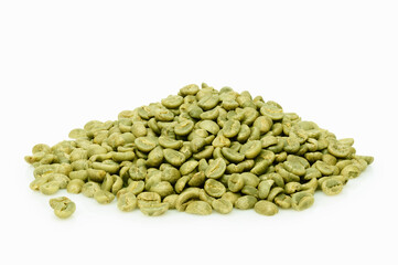 Green coffee beans pile on white background