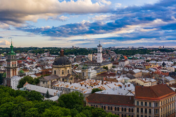 Fototapeta premium Aerial view on Dominican Church and Dormition Church in Lviv, Ukraine from drone