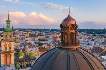 Obraz premium Aerial view on Dominican Church in Lviv, Ukraine from drone