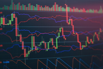 Technical price graph and indicator, red and green candlestick chart on blue theme screen, market...
