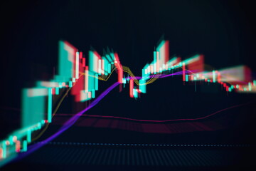 Technical price graph and indicator, red and green candlestick chart on blue theme screen, market...