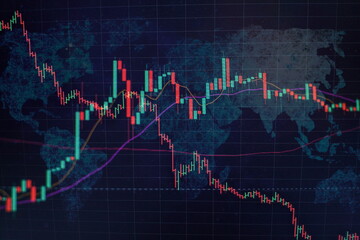 Technical price graph and indicator, red and green candlestick chart on blue theme screen, market...