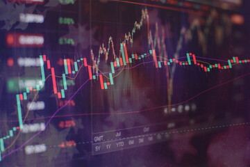 Technical price graph and indicator, red and green candlestick chart on blue theme screen, market...