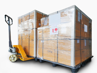 Shipment. Cargo export. Stacked of cardboard boxes on plastic pallets isolated on a white background. Hand pallet truck or manual forklift. 