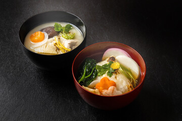 典型的なお雑煮 Ricecake boiled with vegetables(zouni) 