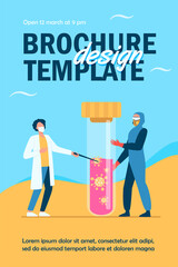 Tiny people in protective uniform holding flask with blood