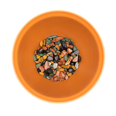 Wet gravels in the bottom of a plastic flower pot