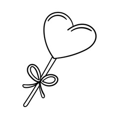 Fototapeta na wymiar Heart-shaped lollipop on a stick with a bow. Decorative design element for Valentine's Day. Simple outline illustration drawn by hand and isolated on a white background. Black white vector.