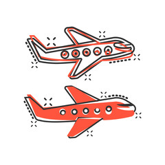 Plane icon in comic style. Airplane cartoon vector illustration on white isolated background. Flight airliner splash effect business concept.