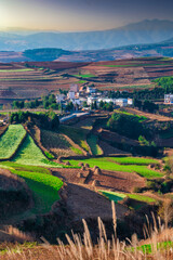 Naklejka premium village on hills in sunset
