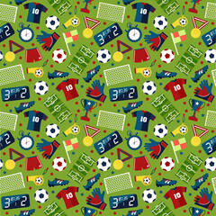 Vector flat seamless texture pattern sport soccer on green background .