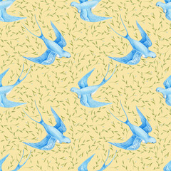 Obraz premium Watercolor seamless pattern swallow background. Flying bird cartoon.
