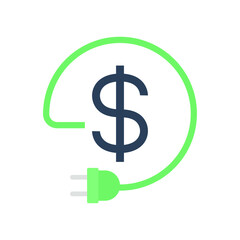 Flat Design Style Eco energy cost save money icon. Energy reduction cost Dollar Power Efficiency. Adapter cable charger  dollar for green economy. vector illustration design on white background EPS 10