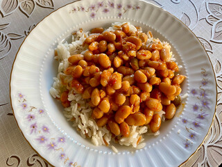 Turkish Kuru Fasulye food with Traditional Turkish table and plate.
