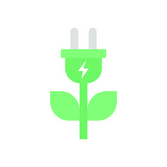 Flat Design Style Green plug power consumption icon. Green electricity eco energy. Plug and leaf for save energy technology. Ecology charging logo Vector illustration design on white background EPS 10