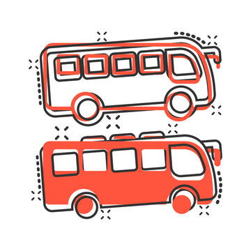 Bus icon in comic style. Coach cartoon vector illustration on white isolated background. Autobus vehicle splash effect business concept.