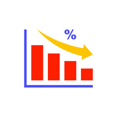 Flat Design Style Tax percentage revenue decrease icon. decrease profit investment, chart of degenerate financial marketing target. reduction data Vector illustration design on white background EPS 10