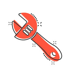 Wrench icon in comic style. Spanner key cartoon vector illustration on white isolated background. Repair equipment splash effect business concept.