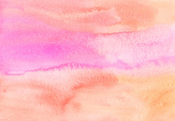 Watercolor light pink and peach color background painting. Watercolour pastel orange and fuchsia liquid texture. Soft backdrop.