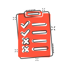 Obraz premium Document checklist icon in comic style. Report cartoon vector illustration on white isolated background. Paper sheet splash effect business concept.