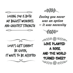 Set of vector quotes about love and Romantic feeling. Design elements for Valentine's day