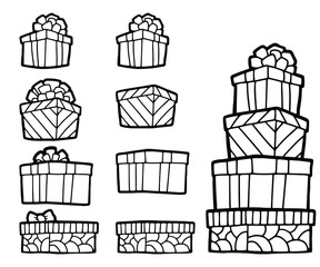 Vector illustration. Coloring page. Gift boxes. Holiday items