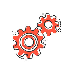 Gear vector icon in comic style. Cog wheel cartoon illustration on white isolated background. Gearwheel cogwheel splash effect business concept.
