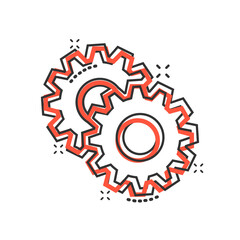 Gear vector icon in comic style. Cog wheel cartoon illustration on white isolated background. Gearwheel cogwheel splash effect business concept.