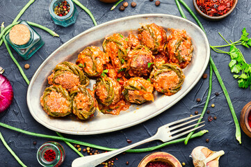 Meat meatballs and asparagus beans